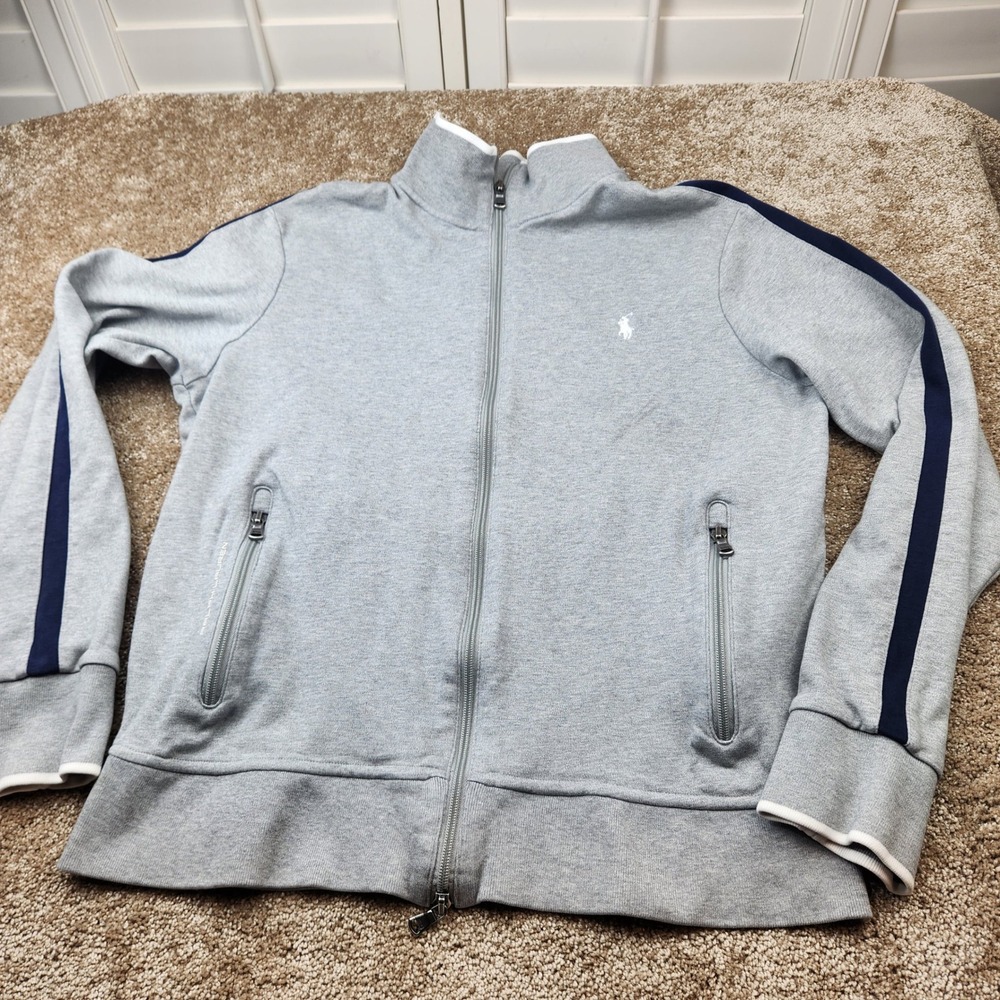 Polo Ralph Lauren Performance Mens Large Gray Navy Stripe Full Zip Track Jacket